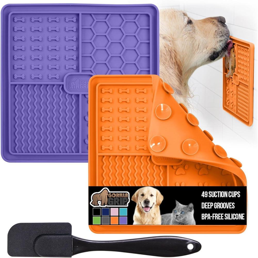 imageGORILLA GRIP BPA Free Silicone Lick Mat for Dogs 49 Powerful Grip Suction Cups Dishwasher and Freezer Safe Flexible Licking Pad for Dog Baths Cat Grooming Nail Trimming Orange Purple 2 Pack OrangePurple