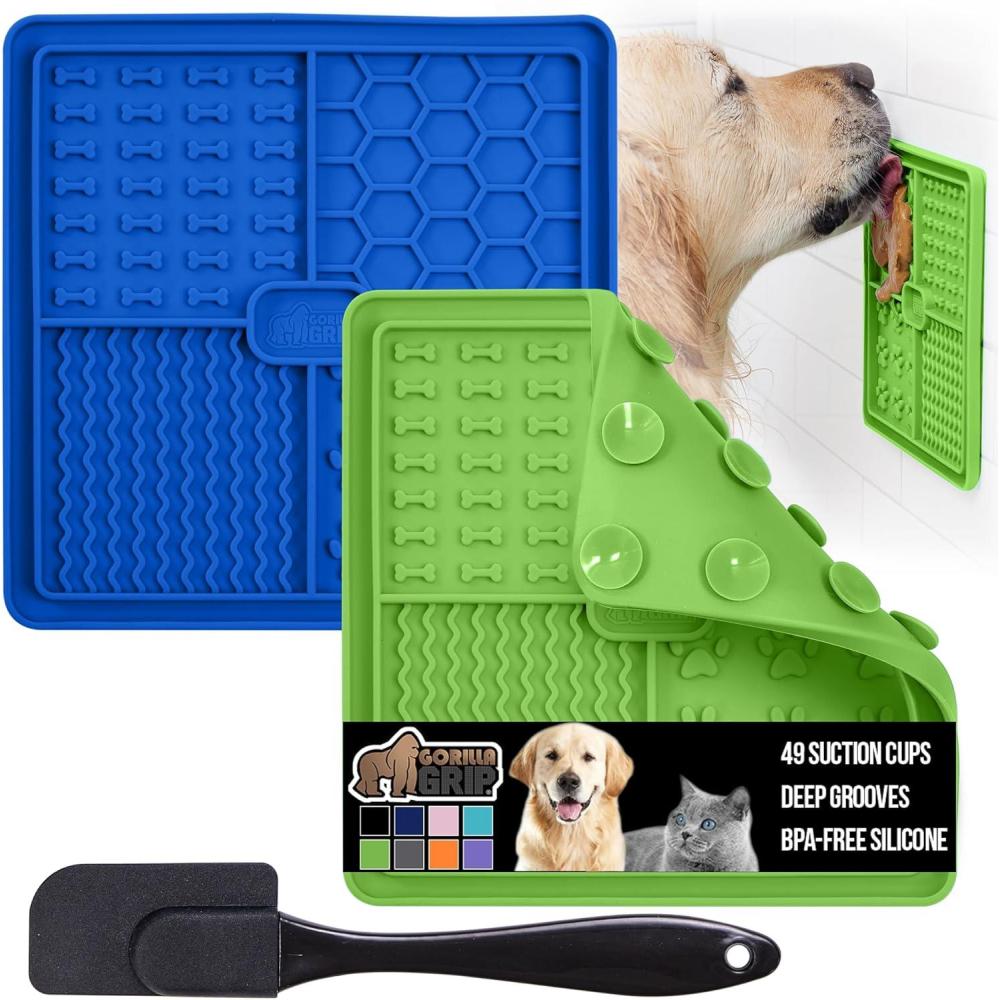 imageGORILLA GRIP BPA Free Silicone Lick Mat for Dogs 49 Powerful Grip Suction Cups Dishwasher and Freezer Safe Flexible Licking Pad for Dog Baths Cat Grooming Nail Trimming Turquoise Pink 2 Pack Royal BlueGreen