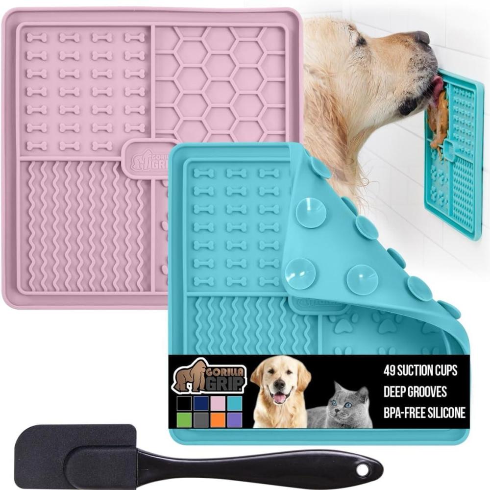 imageGORILLA GRIP BPA Free Silicone Lick Mat for Dogs 49 Powerful Grip Suction Cups Dishwasher and Freezer Safe Flexible Licking Pad for Dog Baths Cat Grooming Nail Trimming Orange Purple 2 Pack TurquoisePink