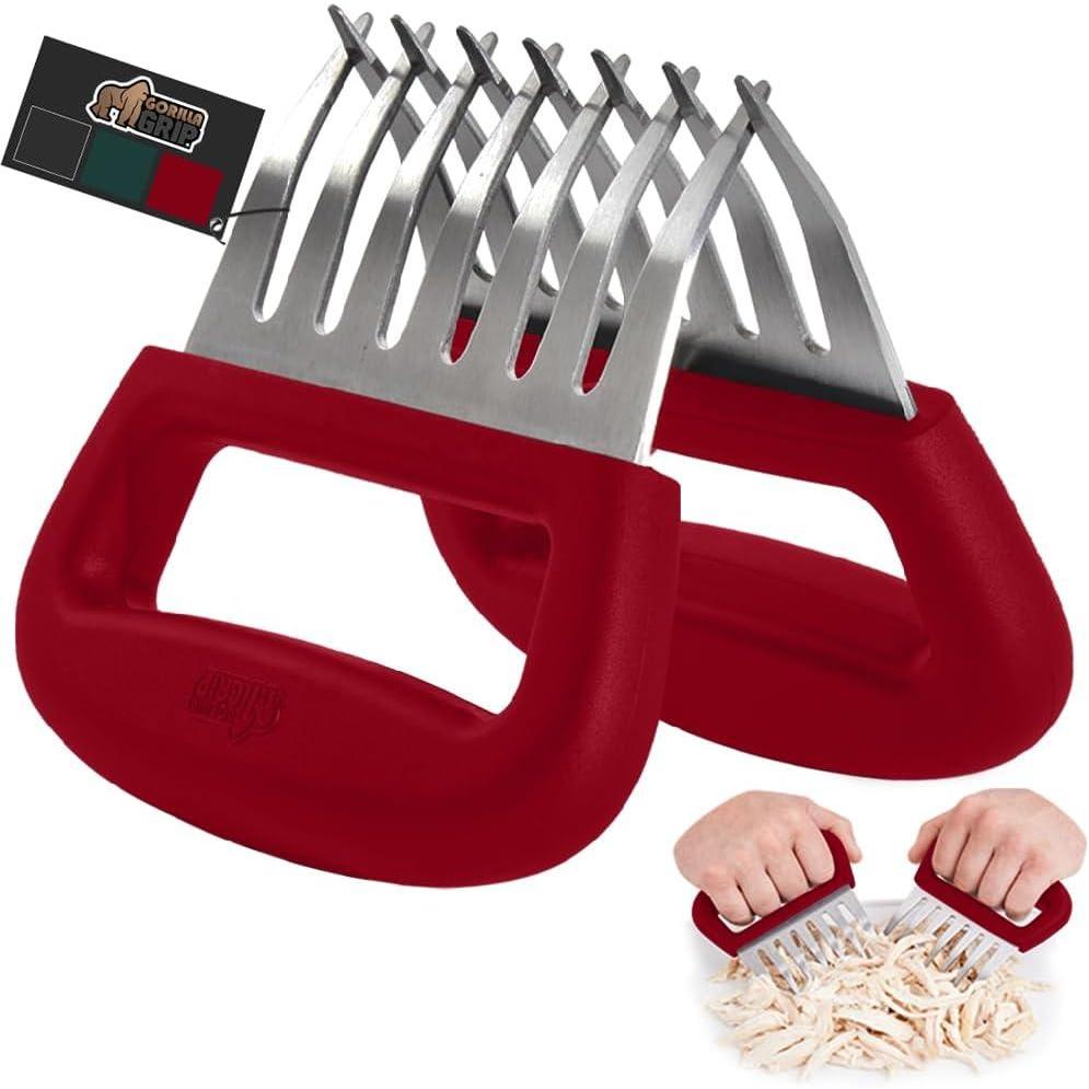 imageGORILLA GRIP BPAFree Chicken Shredder Meat Claws Sharp Stainless Steel Food Shredding Fork Carve Turkey Ham Shred Pulled Pork Stocking Stuffer Holiday Gift for Men Kitchen Smoker BBQ Tool BlackRed
