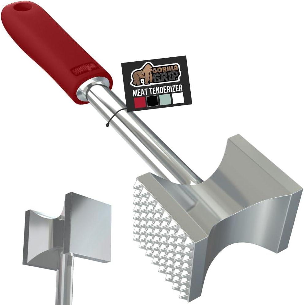 imageGORILLA GRIP BPAFree Patented DualSided Meat Tenderizer Tool Soft Comfortable Handle Heavy Duty Kitchen Mallet for Steak Beef Cutlets Commercial Grade Chicken Pounder Dishwasher Safe BlackRed