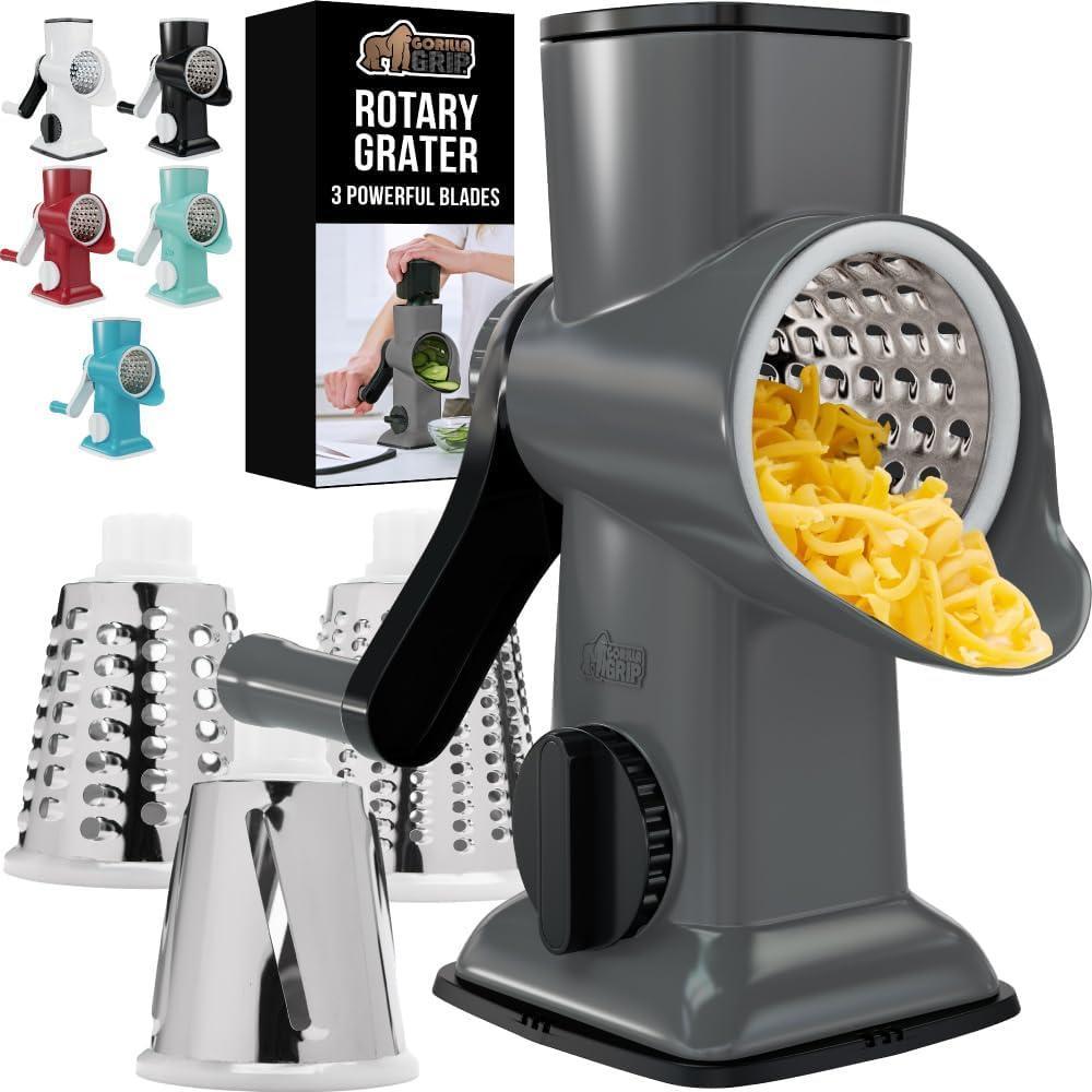 imageGORILLA GRIP BPAFree Rotary Cheese Grater Hand Crank Easy to Set Up Strong Suction Base for Kitchen Countertop Shred Potato Vegetable Nuts in Seconds Round Mandoline Slicer 3 Blades Gray