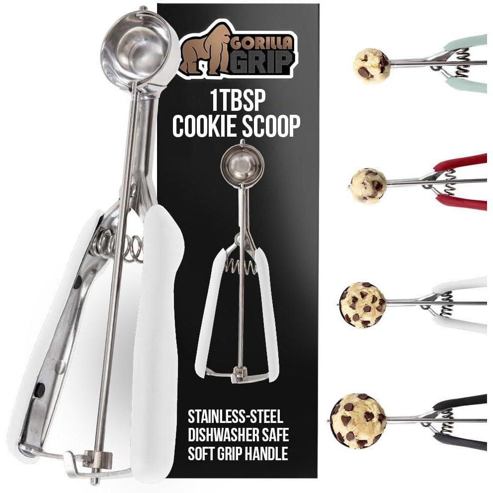 imageGORILLA GRIP BPAFree Stainless Steel Cookie Scoop 2 TBSP Scooper 40 Soft Grip Handle Easy Food Release Create Even Portion Sizes Multipurpose Kitchen Melon Baller Meatball Spring Scoops BlackWhite