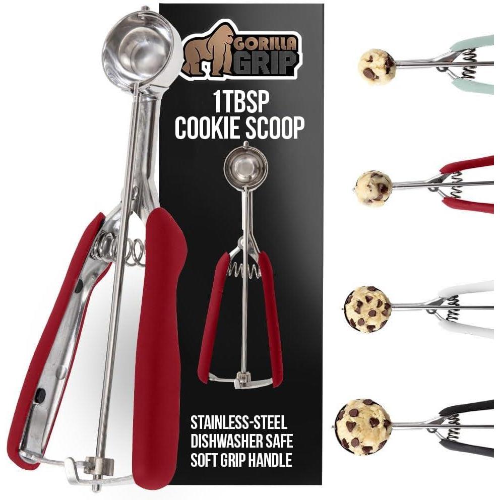 imageGORILLA GRIP BPAFree Stainless Steel Cookie Scoop 2 TBSP Scooper 40 Soft Grip Handle Easy Food Release Create Even Portion Sizes Multipurpose Kitchen Melon Baller Meatball Spring Scoops BlackRed