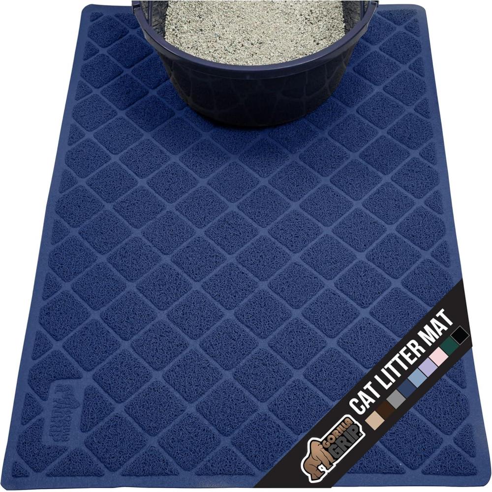 imageGORILLA GRIP Cat Litter Box Mat 35x23 Water Resistant US Designed Kitty Litter Trapping Mats Easy to Clean Scatter Control Less Mess and Clean Floors Kitten Supplies for Indoor Cats GrayNavy