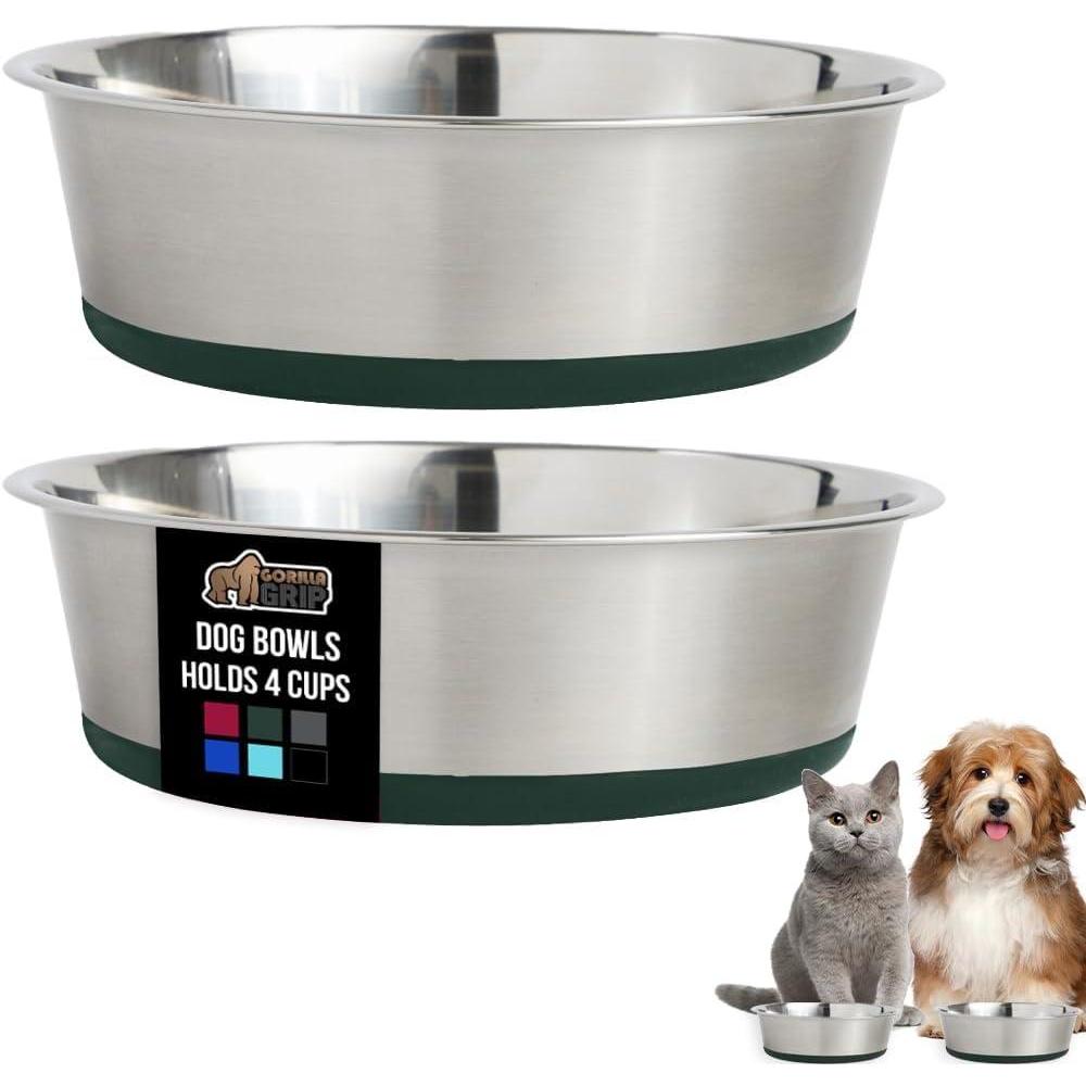 imageGORILLA GRIP Dog Bowls Holds 2 Cups Each 16 fl oz Heavy Duty Stainless Steel Food and Water Bowl for Feeding Dogs and Cats Dishwasher Safe Rust Resistant BPA Free Rubber Base Set of 2 BlackHunter Green