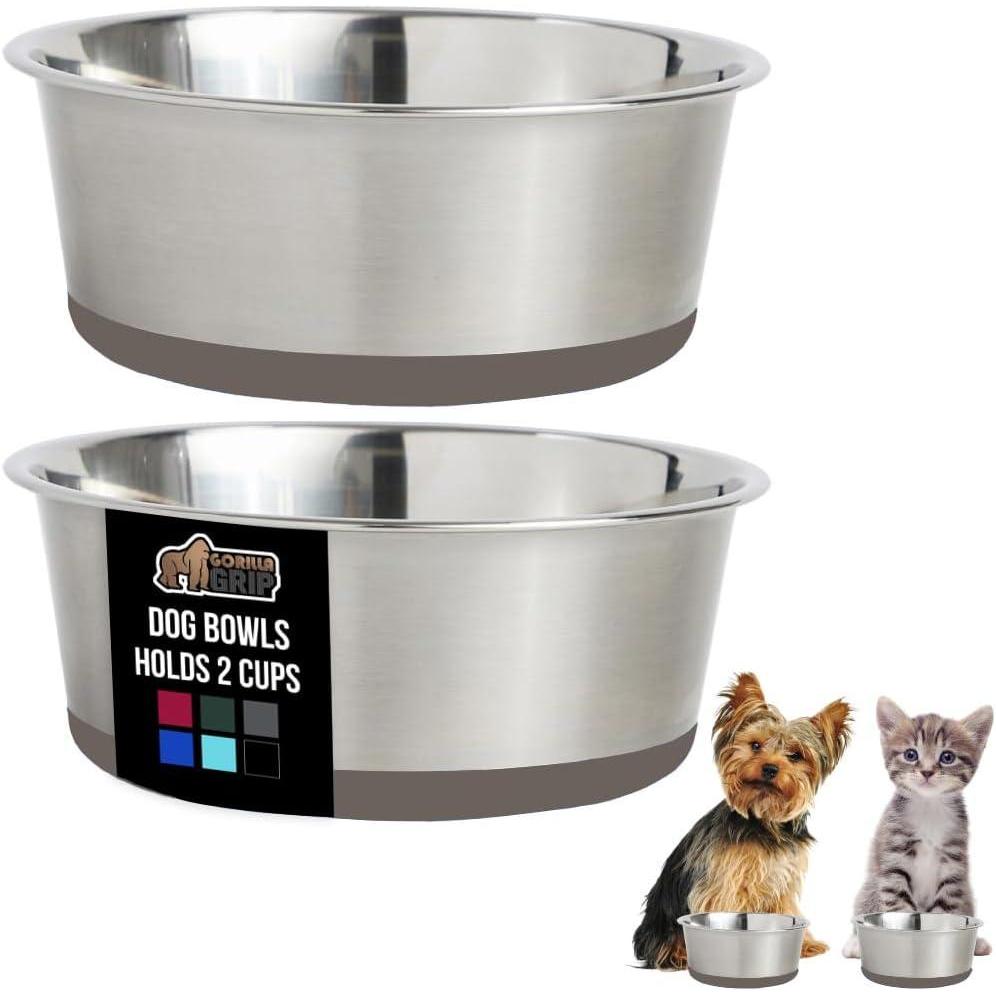 imageGORILLA GRIP Dog Bowls Holds 2 Cups Each 16 fl oz Heavy Duty Stainless Steel Food and Water Bowl for Feeding Dogs and Cats Dishwasher Safe Rust Resistant BPA Free Rubber Base Set of 2 BlackBeige