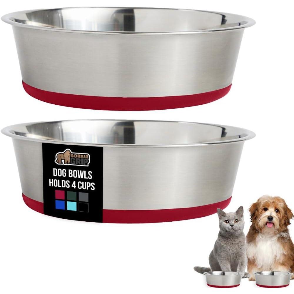 imageGORILLA GRIP Dog Bowls Holds 2 Cups Each 16 fl oz Heavy Duty Stainless Steel Food and Water Bowl for Feeding Dogs and Cats Dishwasher Safe Rust Resistant BPA Free Rubber Base Set of 2 BlackRed