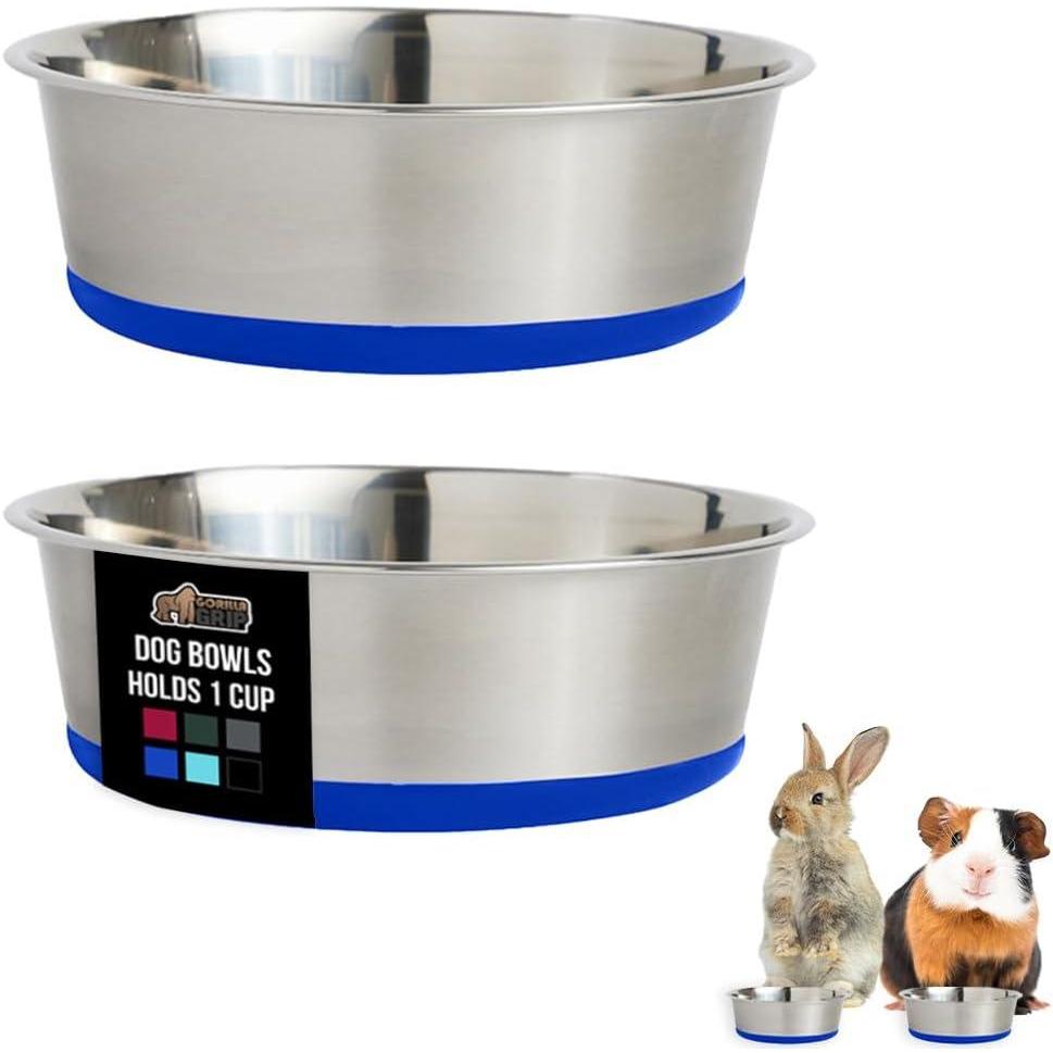 imageGORILLA GRIP Dog Bowls Holds 2 Cups Each 16 fl oz Heavy Duty Stainless Steel Food and Water Bowl for Feeding Dogs and Cats Dishwasher Safe Rust Resistant BPA Free Rubber Base Set of 2 BlackRoyal Blue