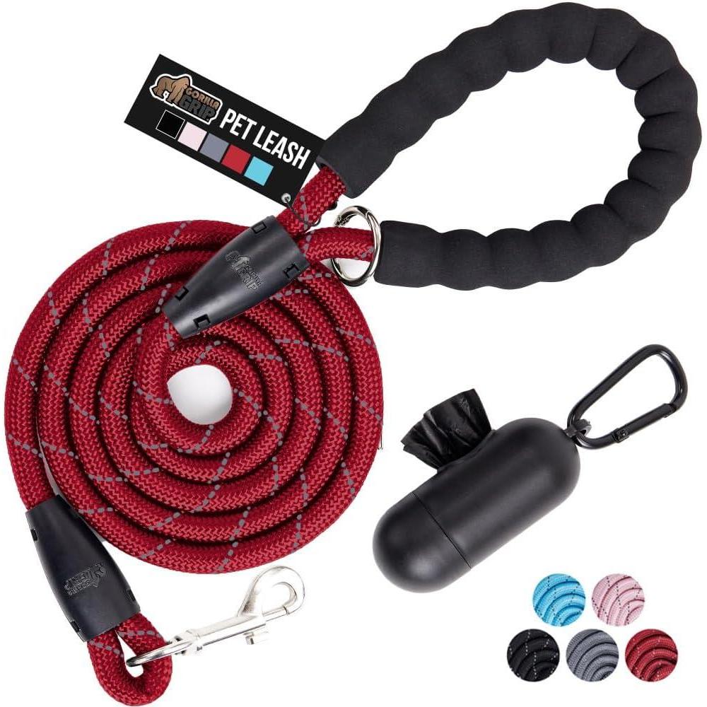 imageGORILLA GRIP Dog Leash Heavy Duty Reflective Rope Leashes for Large Medium Small Breed Dogs Puppy Training Essential for Walks Hikes Soft Handle Rotating Metal Clip Waste Bag Dispenser BlueRed