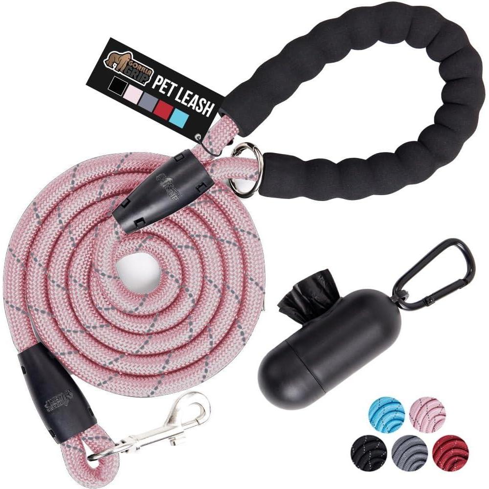 imageGORILLA GRIP Dog Leash Heavy Duty Reflective Rope Leashes for Large Medium Small Breed Dogs Puppy Training Essential for Walks Hikes Soft Handle Rotating Metal Clip Waste Bag Dispenser BluePink