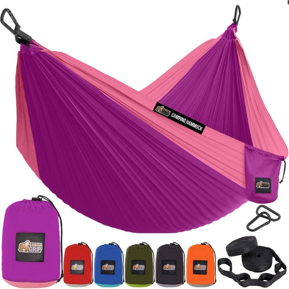 imageGORILLA GRIP Durable Camping Hammock with Heavy Duty Tree Straps Portable Hammocks for Outside Easy to Use Travel Swing Chair Outdoor Camper Hiker Essentials Backpacking Gear Gifts Single BluePurplePink
