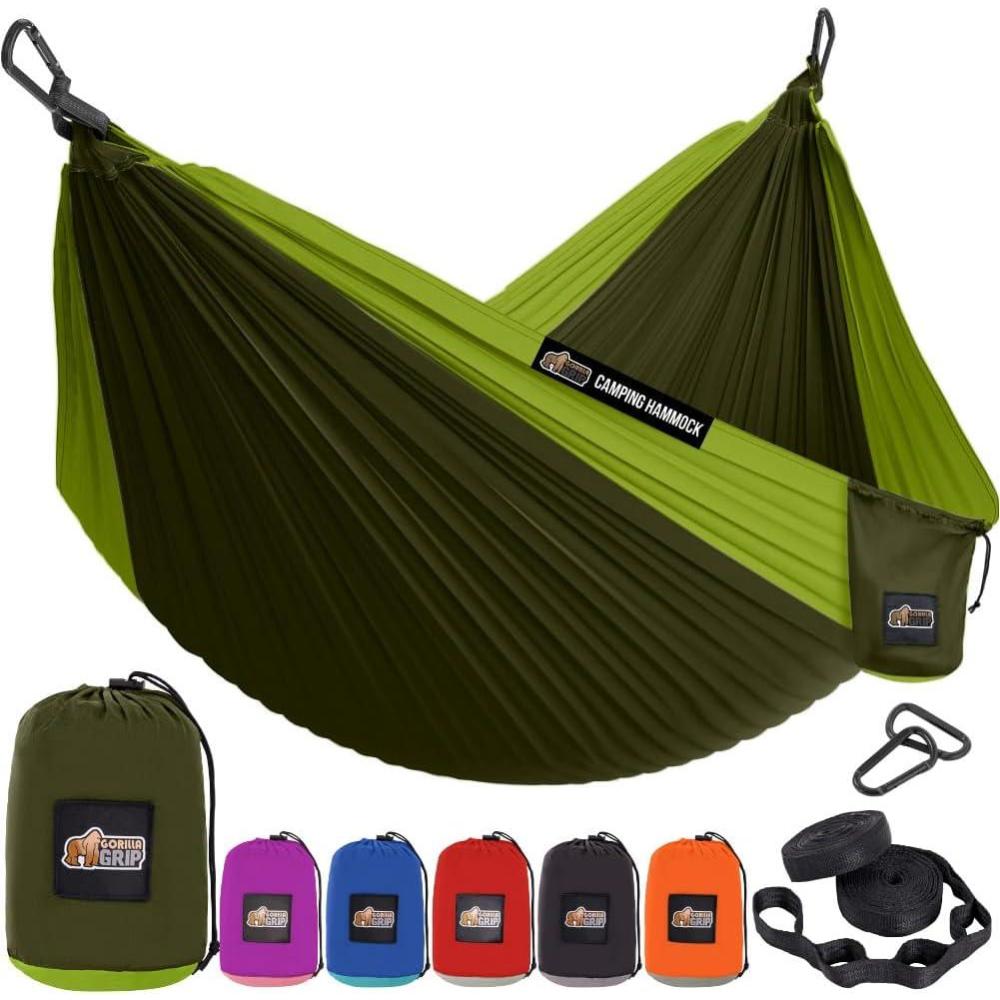 imageGORILLA GRIP Durable Camping Hammock with Heavy Duty Tree Straps Portable Hammocks for Outside Easy to Use Travel Swing Chair Outdoor Camper Hiker Essentials Backpacking Gear Gifts Single BlueDark GreenLight Green