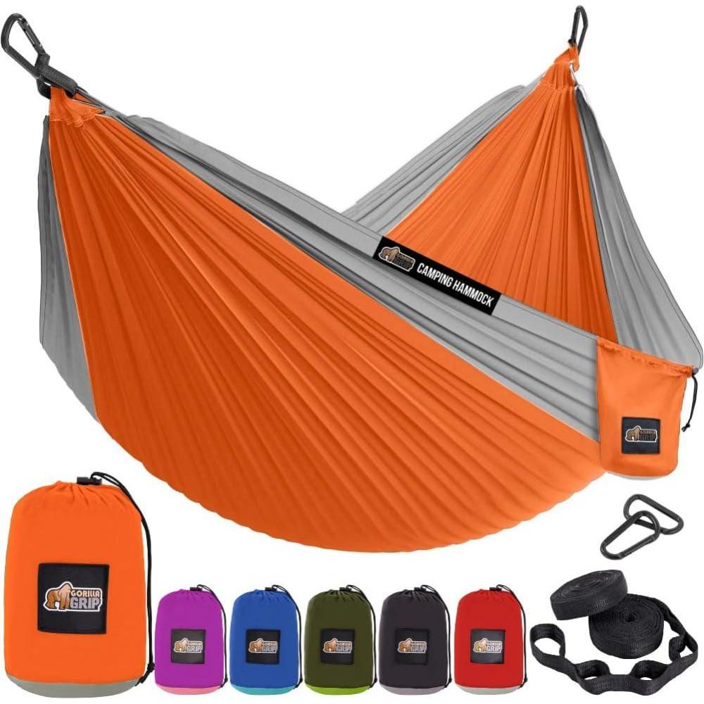 imageGORILLA GRIP Durable Camping Hammock with Heavy Duty Tree Straps Portable Hammocks for Outside Easy to Use Travel Swing Chair Outdoor Camper Hiker Essentials Backpacking Gear Gifts Single BlueOrangeGrey