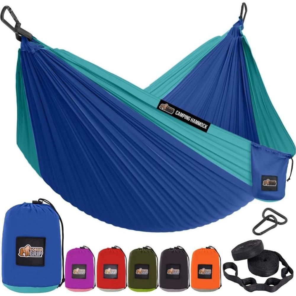 imageGORILLA GRIP Durable Camping Hammock with Heavy Duty Tree Straps Portable Hammocks for Outside Easy to Use Travel Swing Chair Outdoor Camper Hiker Essentials Backpacking Gear Gifts Single BlueDark BlueLight Blue