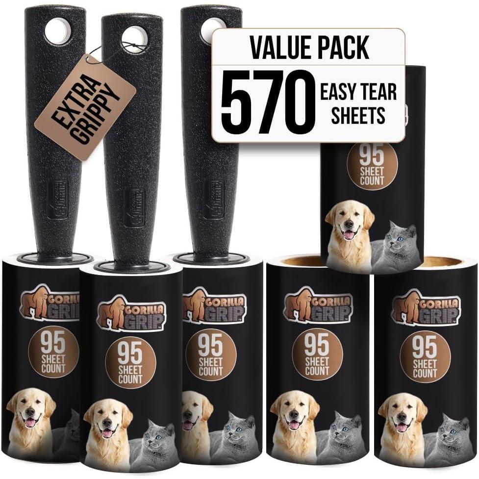 imageGORILLA GRIP Extra Grippy Lint Rollers 380 Large Easy Tear Sheets 2 Comfort Handles 4 Refillable Rolls Included Pet Hair Remover Brush Clothes Furniture Dog Cat Animal Friendly Reusable Roller3 Rollers 3 Refills