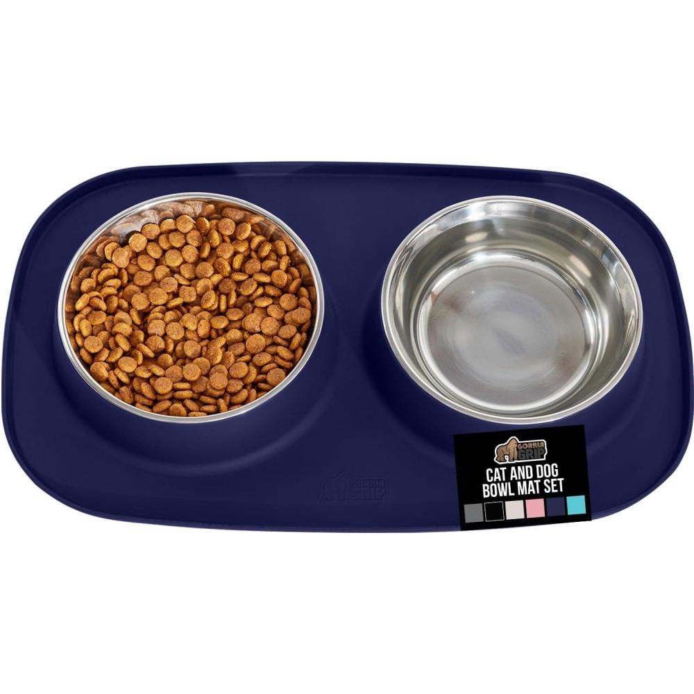 imageGORILLA GRIP Feeding Mat Set 4 Cup Patent Pending 100 Waterproof BPA Free Silicone Stainless Steel Cat and Dog Bowls Slip Resistant Edges Catch Water Food US Designed Pet Accessories TurquoiseNavy