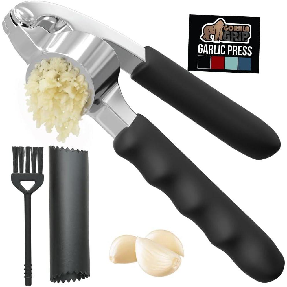 imageGORILLA GRIP Garlic Press and Peel Set Heavy Duty Mincer Tool Large Ergonomic Handle Easily Mince Crush Garlics Ginger Nuts Peeler Included for Peeling Cloves Holiday Prep Kitchen Gadgets BlackBlack