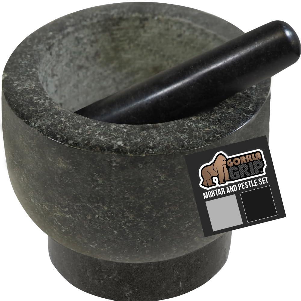 imageGORILLA GRIP Heavy Duty Mortar and Pestle Set with Slip Resistant Base 100 Granite Stone Molcajete Guacamole Bowl Grind Seeds Garlic Herb Kitchen Muddler Christmas Gifts for Chefs 15 Cup GrayPolished Black
