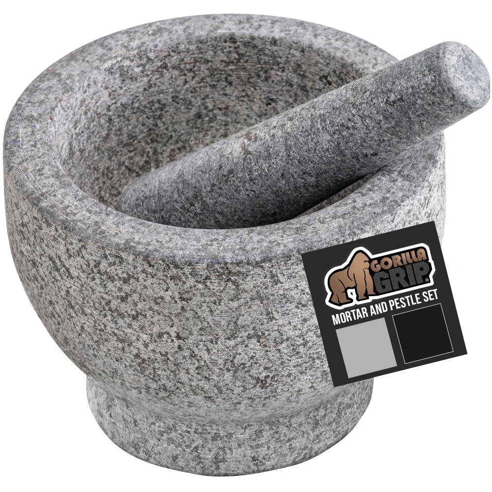 imageGORILLA GRIP Heavy Duty Mortar and Pestle Set with Slip Resistant Base 100 Granite Stone Molcajete Guacamole Bowl Grind Seeds Garlic Herb Kitchen Muddler Christmas Gifts for Chefs 15 Cup GrayUnpolished Gray