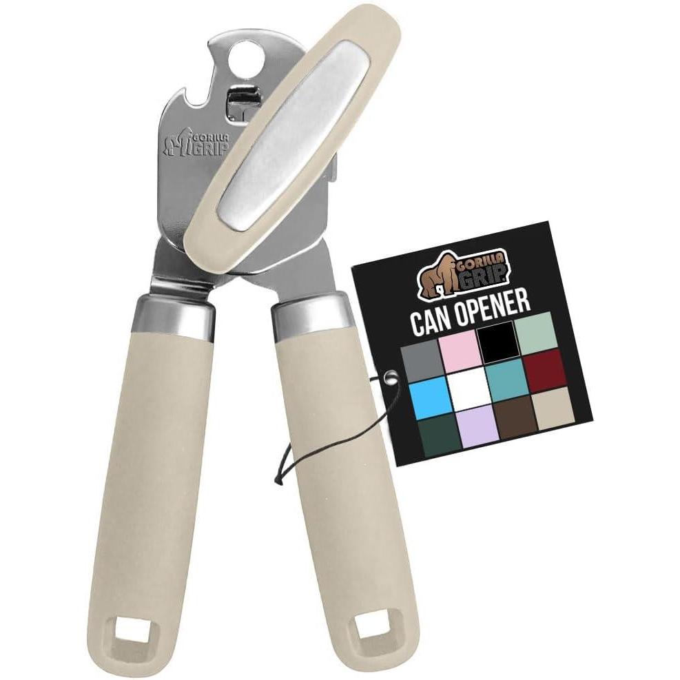 imageGORILLA GRIP Heavy Duty Stainless Steel Smooth Edge Manual Can Opener Soft Comfortable Handle Large Handheld Turn Knob BuiltIn Bottle Openers US Designed Holiday Prep Kitchen Essential BlackAlmond