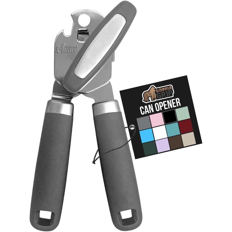 imageGORILLA GRIP Heavy Duty Stainless Steel Smooth Edge Manual Can Opener Soft Comfortable Handle Large Handheld Turn Knob BuiltIn Bottle Openers US Designed Holiday Prep Kitchen Essential BlackGray