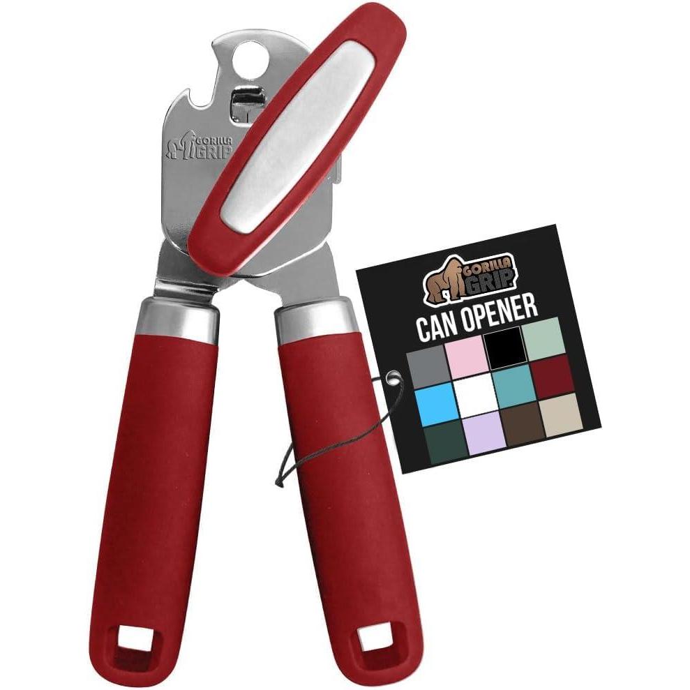 imageGORILLA GRIP Heavy Duty Stainless Steel Smooth Edge Manual Can Opener Soft Comfortable Handle Large Handheld Turn Knob BuiltIn Bottle Openers US Designed Holiday Prep Kitchen Essential BlackRed