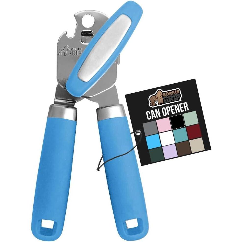 imageGORILLA GRIP Heavy Duty Stainless Steel Smooth Edge Manual Can Opener Soft Comfortable Handle Large Handheld Turn Knob BuiltIn Bottle Openers US Designed Holiday Prep Kitchen Essential BlackAqua
