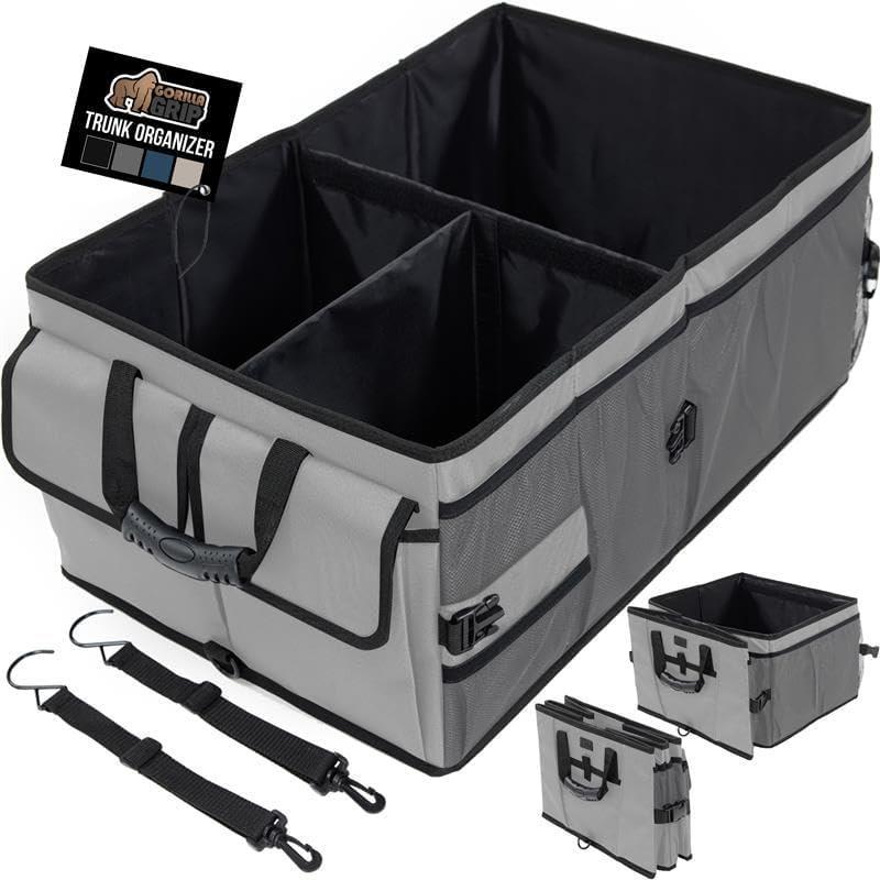 imageGORILLA GRIP Large Capacity Sturdy Trunk Storage Organizer Slip and Water Resistant Collapsible Organization Container Holiday Gifts for Men Women Multi Compartment Car or SUV Accessories BlackGray
