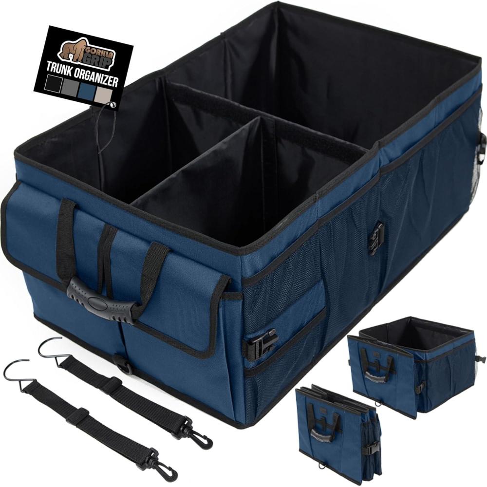 imageGORILLA GRIP Large Capacity Sturdy Trunk Storage Organizer Slip and Water Resistant Collapsible Organization Container Holiday Gifts for Men Women Multi Compartment Car or SUV Accessories BlackBlue