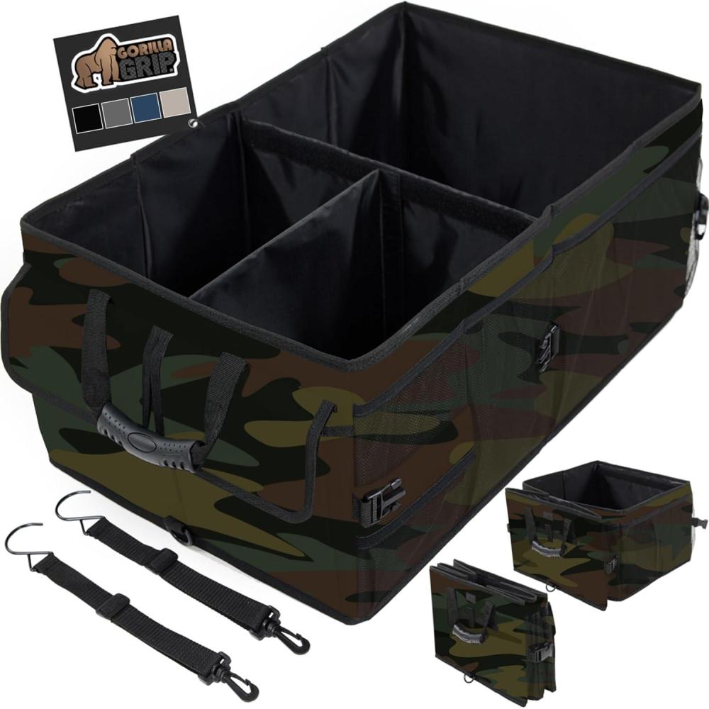 imageGORILLA GRIP Large Capacity Sturdy Trunk Storage Organizer Slip and Water Resistant Collapsible Organization Container Holiday Gifts for Men Women Multi Compartment Car or SUV Accessories BlackCamo