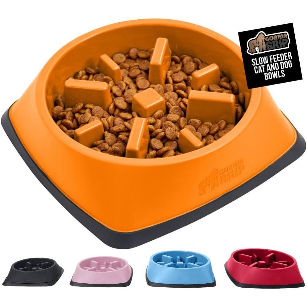 imageGORILLA GRIP Patent Pending Slow Feeder Dog Bowls Interactive Puzzle Toy for Dogs and Cats Food Training Keeps Pets Busy and Prevents Puppy Overeating All Breeds 100 BPA Free 2 Cup GrayOrange