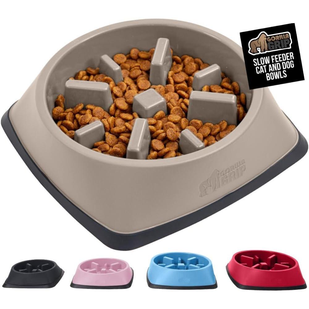 imageGORILLA GRIP Patent Pending Slow Feeder Dog Bowls Interactive Puzzle Toy for Dogs and Cats Food Training Keeps Pets Busy and Prevents Puppy Overeating All Breeds 100 BPA Free 2 Cup GrayBeige