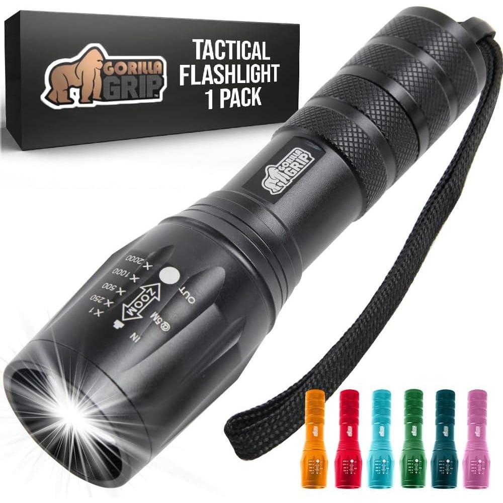 imageGORILLA GRIP Powerful LED Tactical Flashlight 750 FT High Lumens 5 Adjustable Modes Water Resistant Ultra Bright Zoom Flashlights Small Mini Flash Light Camping Night Dog Walking BlackBlack