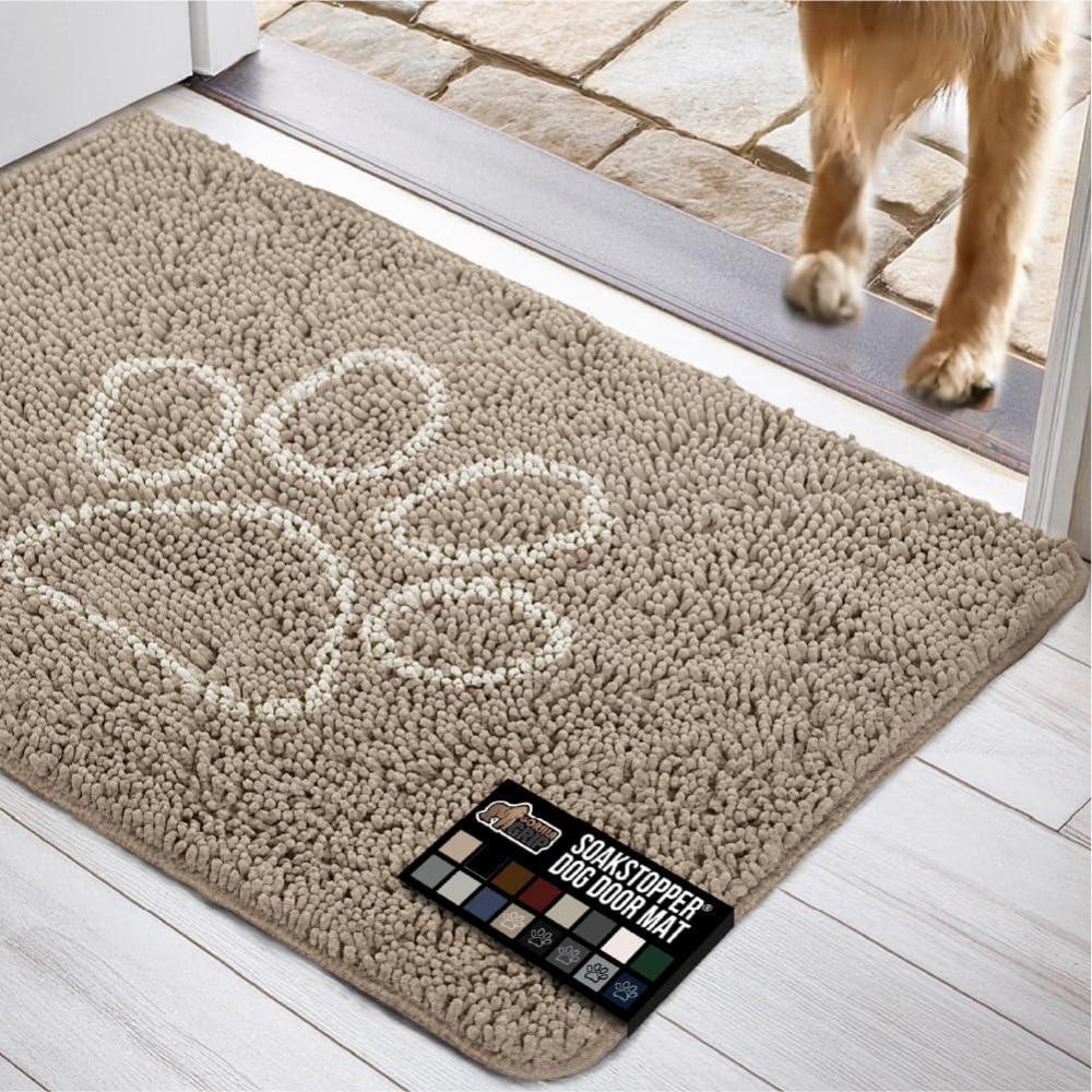 imageGORILLA GRIP SOAKSTOPPER Dog Door Mat Machine Washable Rug Absorbent Doormat Captures Moisture Mud Dirt Quick Dry Soft Chenille Entryway Rugs Indoor Entrance Mats for Dog Paws 24x17 Black WhiteBeige