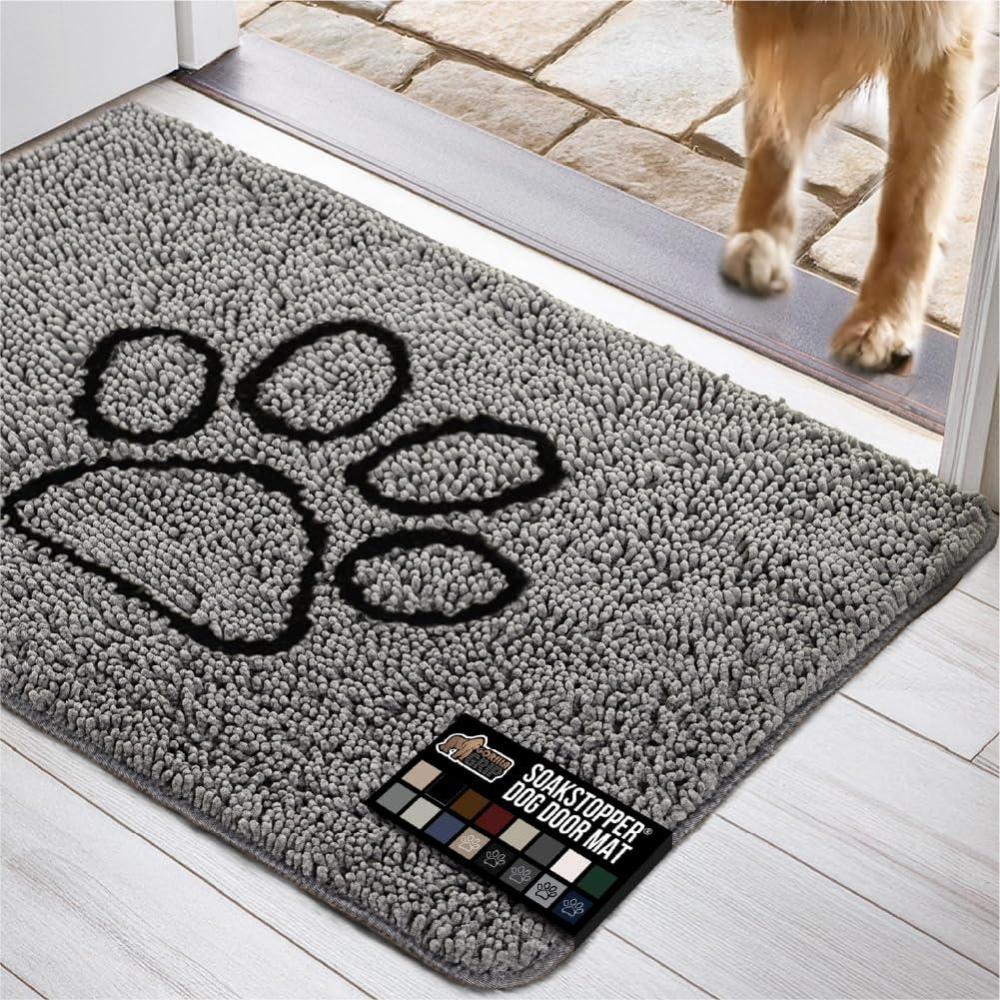 imageGORILLA GRIP SOAKSTOPPER Dog Door Mat Machine Washable Rug Absorbent Doormat Captures Moisture Mud Dirt Quick Dry Soft Chenille Entryway Rugs Indoor Entrance Mats for Dog Paws 24x17 Black WhiteGrey