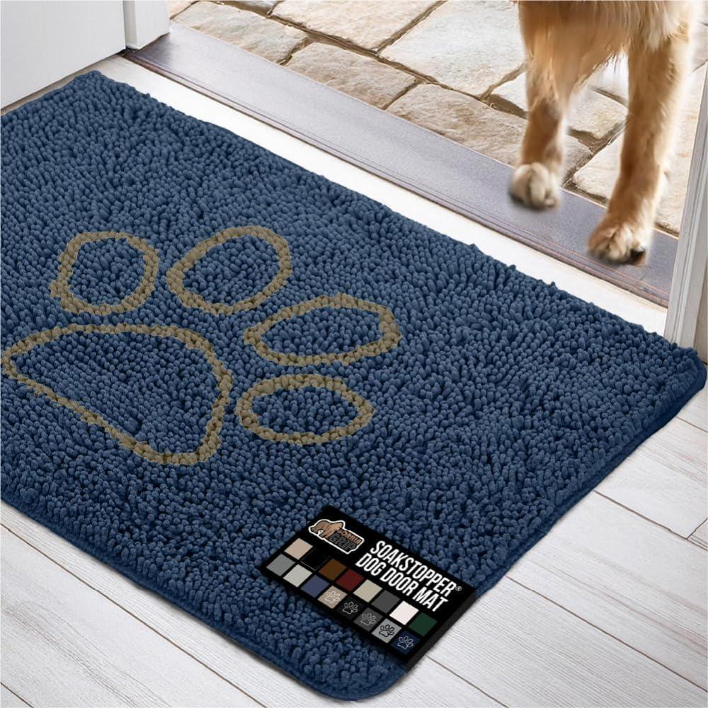 imageGORILLA GRIP SOAKSTOPPER Dog Door Mat Machine Washable Rug Absorbent Doormat Captures Moisture Mud Dirt Quick Dry Soft Chenille Entryway Rugs Indoor Entrance Mats for Dog Paws 24x17 Black WhiteNavy