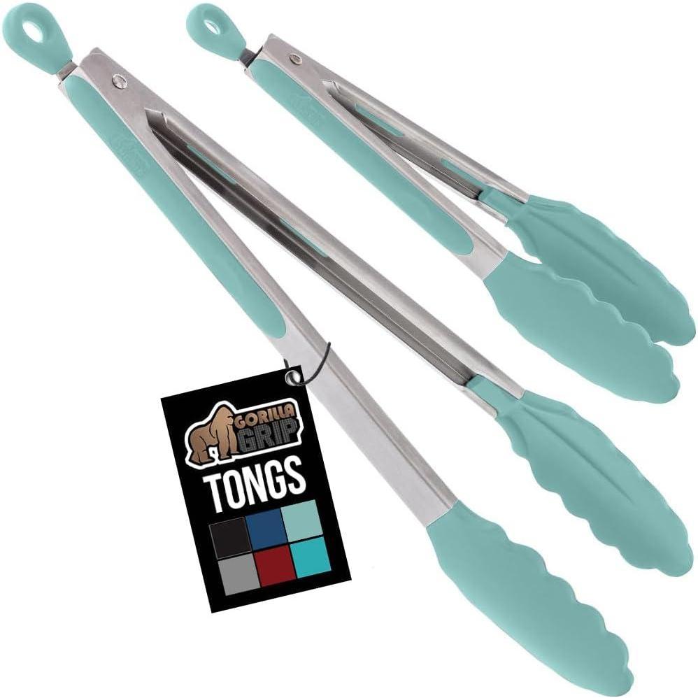 imageGORILLA GRIP Stainless Steel Heat Resistant Kitchen Tongs for Cooking 12 14 Inch Set of 2 BBQ Tong Non Scratch Silicone Tip for Pan Strong Grip Grab Food Toss Salad Air Fryer Pull Lock BlackMint