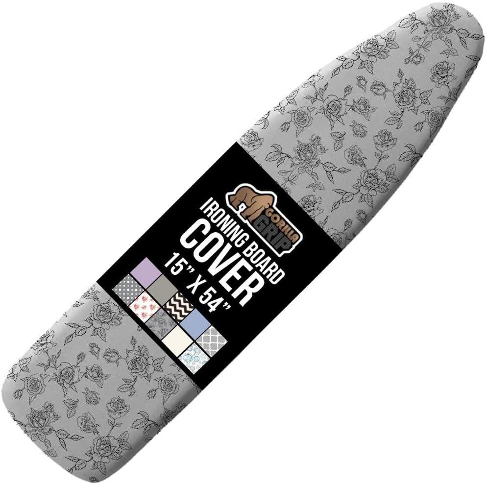imageGORILLA GRIP The Original Ironing Board Cover and Pad Silicone Coating Thick Scorch Resistant Padding Heavy Duty Iron Covers Standard Boards Hook and Loop Fastener Strap Silver 15x54Gray Floral