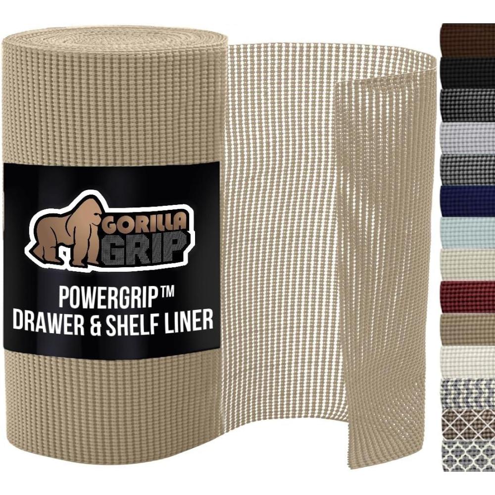 imageGORILLA GRIP powerGRIP Drawer Shelf and Cabinet Liner Thick Strong Hold NonAdhesive Liners Protect Kitchen Cabinets and Cupboard Bathroom Drawers Easy Install Breathable Mat 12quot x20 GrayBeige