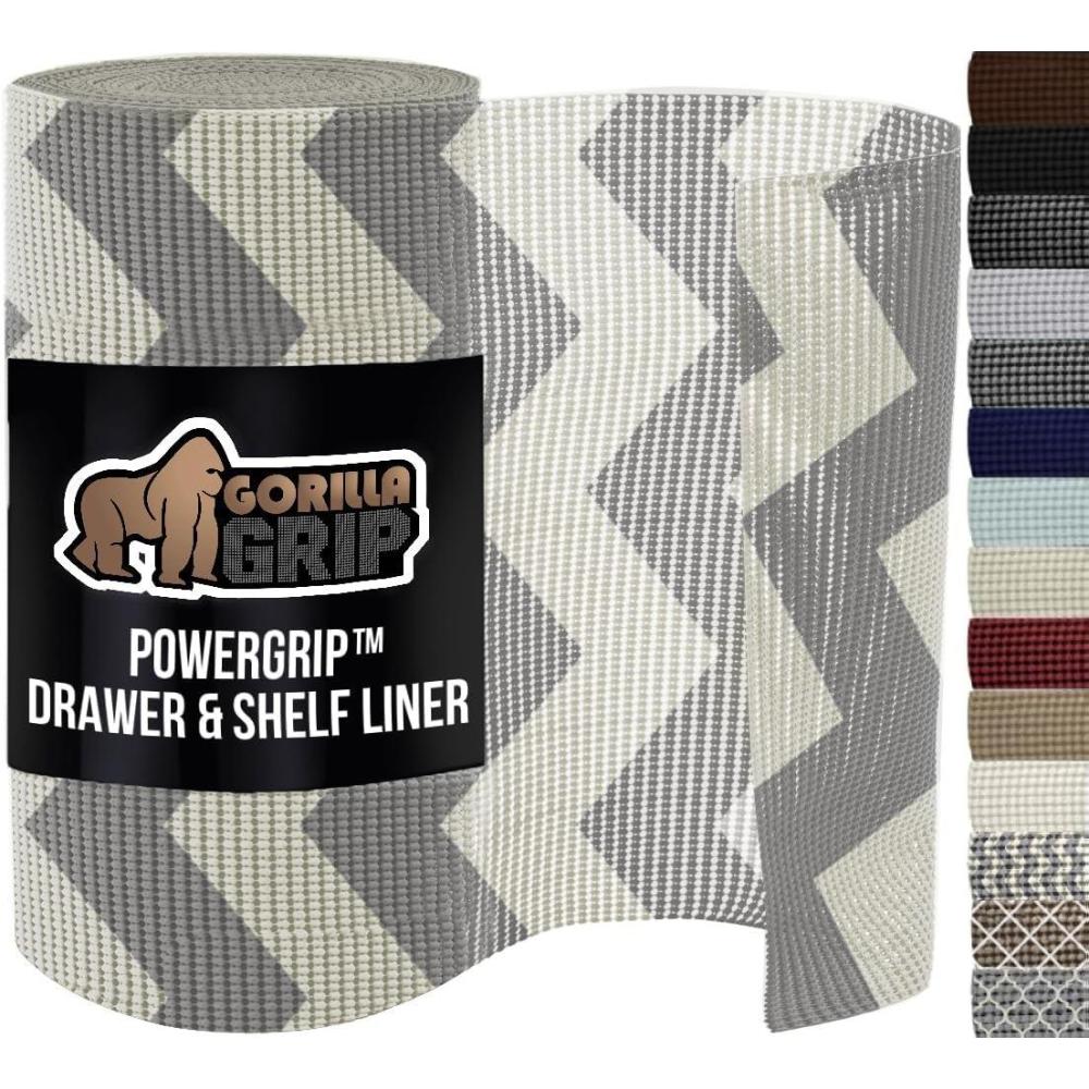 imageGORILLA GRIP powerGRIP Drawer Shelf and Cabinet Liner Thick Strong Hold NonAdhesive Liners Protect Kitchen Cabinets and Cupboard Bathroom Drawers Easy Install Breathable Mat 12quot x20 GrayChevron GrayWhite