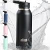 GORILLA GRIP Heavy Duty Insulated Water Bottle, 40 oz, Leakproof Flip Straw, Stainless Steel Wall Keeps Drink Cold Up to 8 Hours, Dent Resistant Tumbler, BPA-Free Travel Bottles, Dishwasher Safe Black(Black)