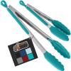 GORILLA GRIP Stainless Steel Heat Resistant Kitchen Tongs for Cooking, 12 + 14 Inch Set of 2 BBQ Tong, Non Scratch Silicone Tip for Pan, Strong Grip, Grab Food, Toss Salad, Air Fryer, Pull Lock, Black(Turquoise)
