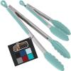GORILLA GRIP Stainless Steel Heat Resistant Kitchen Tongs for Cooking, 12 + 14 Inch Set of 2 BBQ Tong, Non Scratch Silicone Tip for Pan, Strong Grip, Grab Food, Toss Salad, Air Fryer, Pull Lock, Black(Mint)