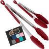GORILLA GRIP Stainless Steel Heat Resistant Kitchen Tongs for Cooking, 12 + 14 Inch Set of 2 BBQ Tong, Non Scratch Silicone Tip for Pan, Strong Grip, Grab Food, Toss Salad, Air Fryer, Pull Lock, Black(Red)