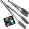 GORILLA GRIP Stainless Steel Heat Resistant Kitchen Tongs for Cooking, 12 + 14 Inch Set of 2 BBQ Tong, Non Scratch Silicone Tip for Pan, Strong Grip, Grab Food, Toss Salad, Air Fryer, Pull Lock, Black(Gray)