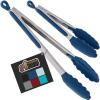 GORILLA GRIP Stainless Steel Heat Resistant Kitchen Tongs for Cooking, 12 + 14 Inch Set of 2 BBQ Tong, Non Scratch Silicone Tip for Pan, Strong Grip, Grab Food, Toss Salad, Air Fryer, Pull Lock, Black(Blue)