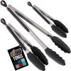 GORILLA GRIP Stainless Steel Heat Resistant Kitchen Tongs for Cooking, 12 + 14 Inch Set of 2 BBQ Tong, Non Scratch Silicone Tip for Pan, Strong Grip, Grab Food, Toss Salad, Air Fryer, Pull Lock, Black(Black)