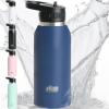 GORILLA GRIP Heavy Duty Insulated Water Bottle, 40 oz, Leakproof Flip Straw, Stainless Steel Wall Keeps Drink Cold Up to 8 Hours, Dent Resistant Tumbler, BPA-Free Travel Bottles, Dishwasher Safe Black(Navy)