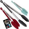 GORILLA GRIP Stainless Steel Heat Resistant Kitchen Tongs for Cooking, 12 + 14 Inch Set of 2 BBQ Tong, Non Scratch Silicone Tip for Pan, Strong Grip, Grab Food, Toss Salad, Air Fryer, Pull Lock, Black(Black Mint Red)